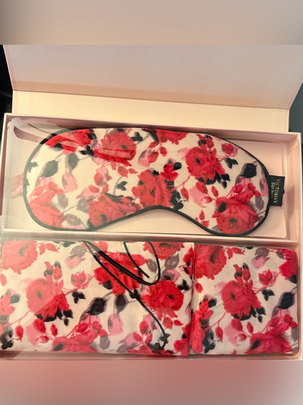 Victoria's Secret Red Floral Rose Sleep Mask & Pillow Case Set